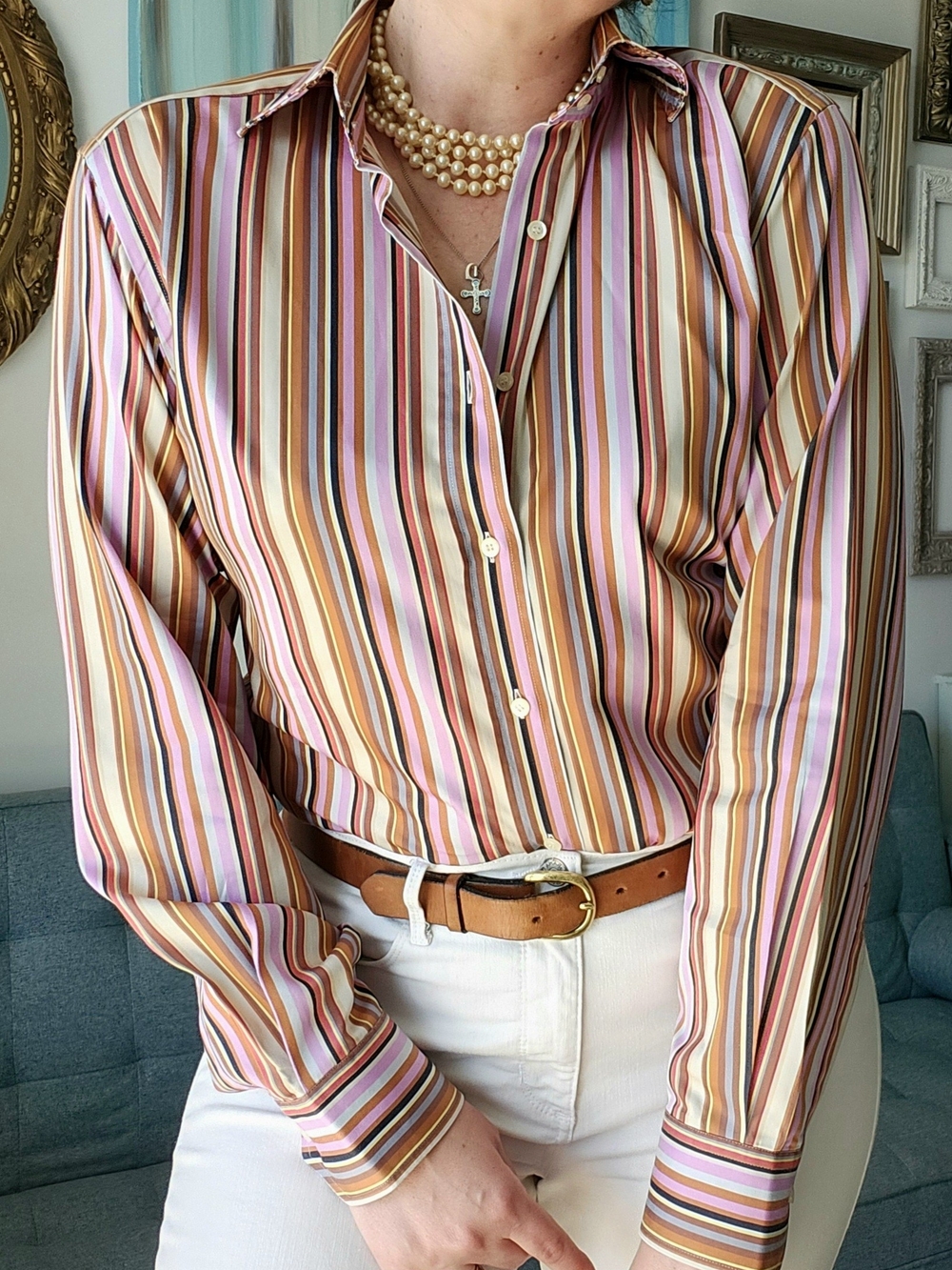 Vintage Etro Multi-Striped Button-Down Shirt in Pink, Brown & Cream